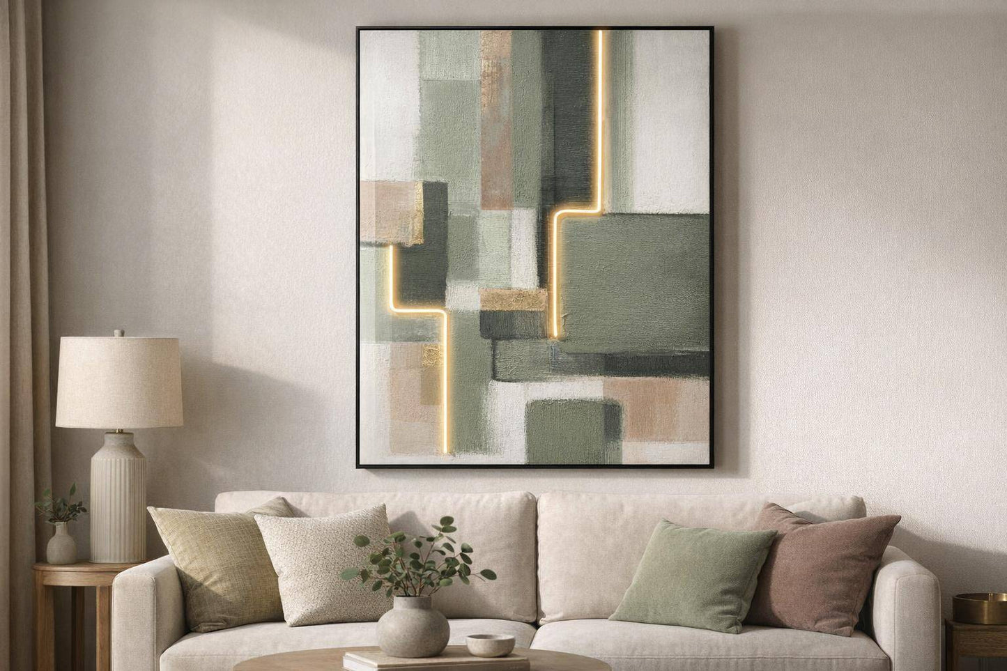 Luminous Grid I Hand-Embellished LED Canvas In Frame - Sage / Ivory