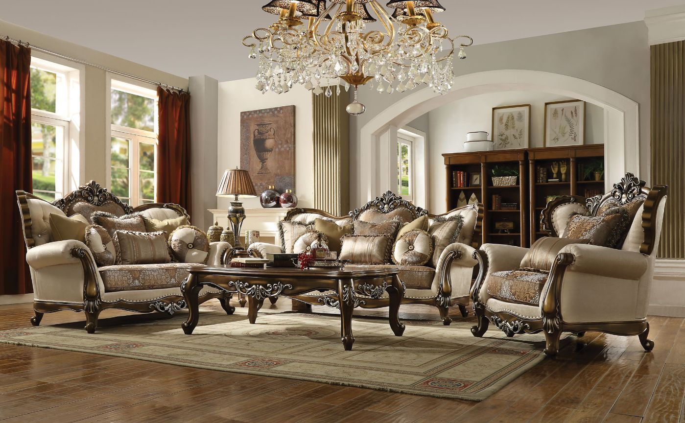 Latisha - Sofa With 8 Pillows Same Lv01576) - Tan, Pattern Fabric & Antique Oak
