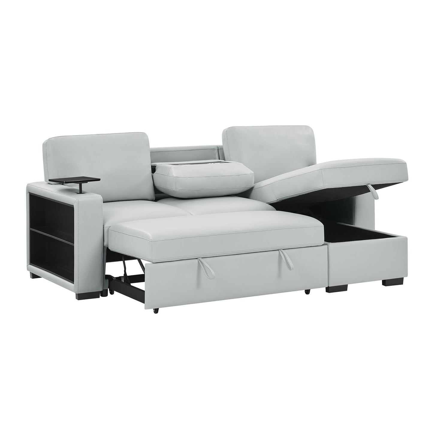 U0212 - Pull Out Sofa Bed With 1 Table Tray, 1 USB, And Storage Chaise - Silver