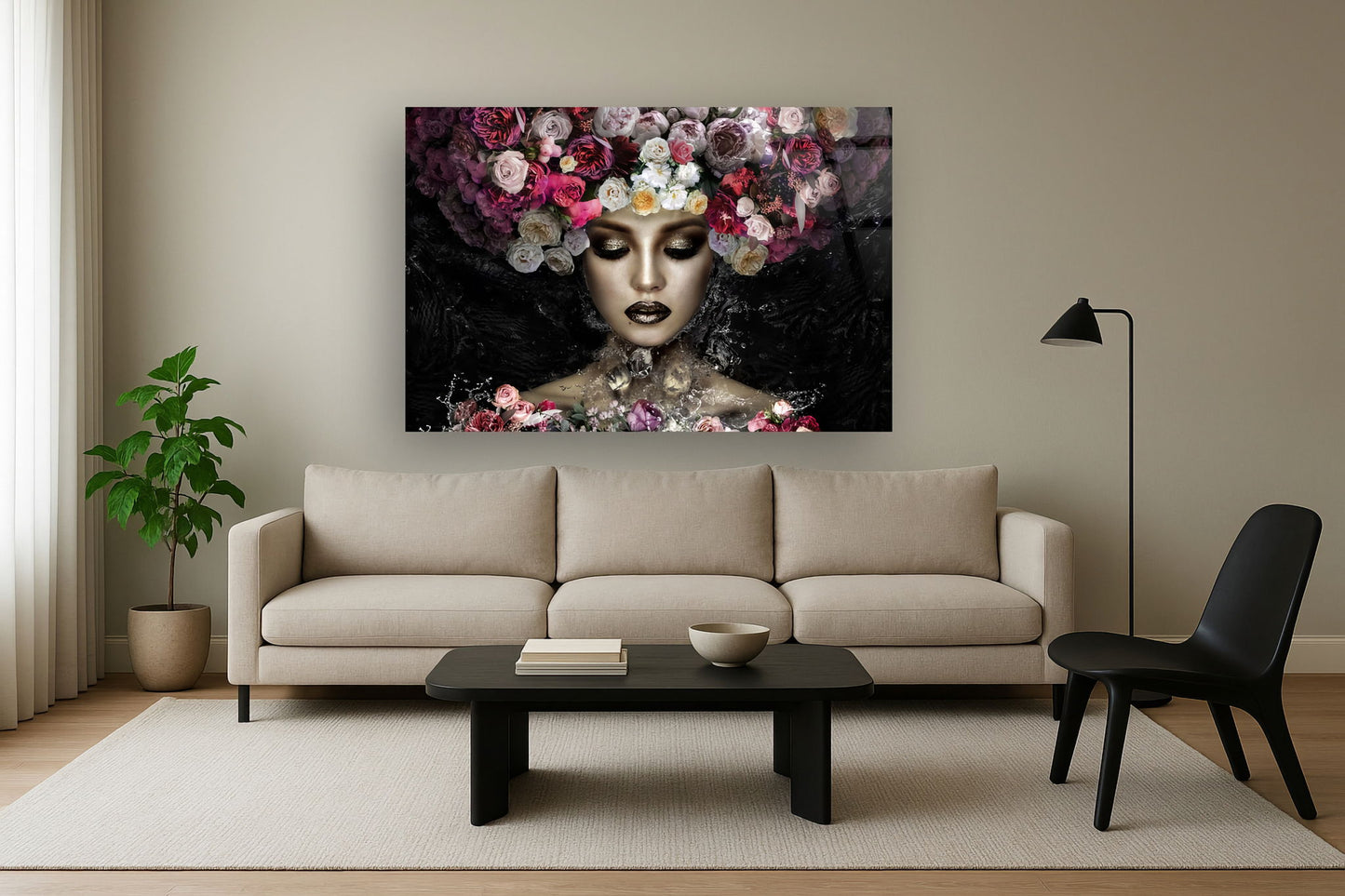 Tempered Glass With Foil - Aqua Floral - Black