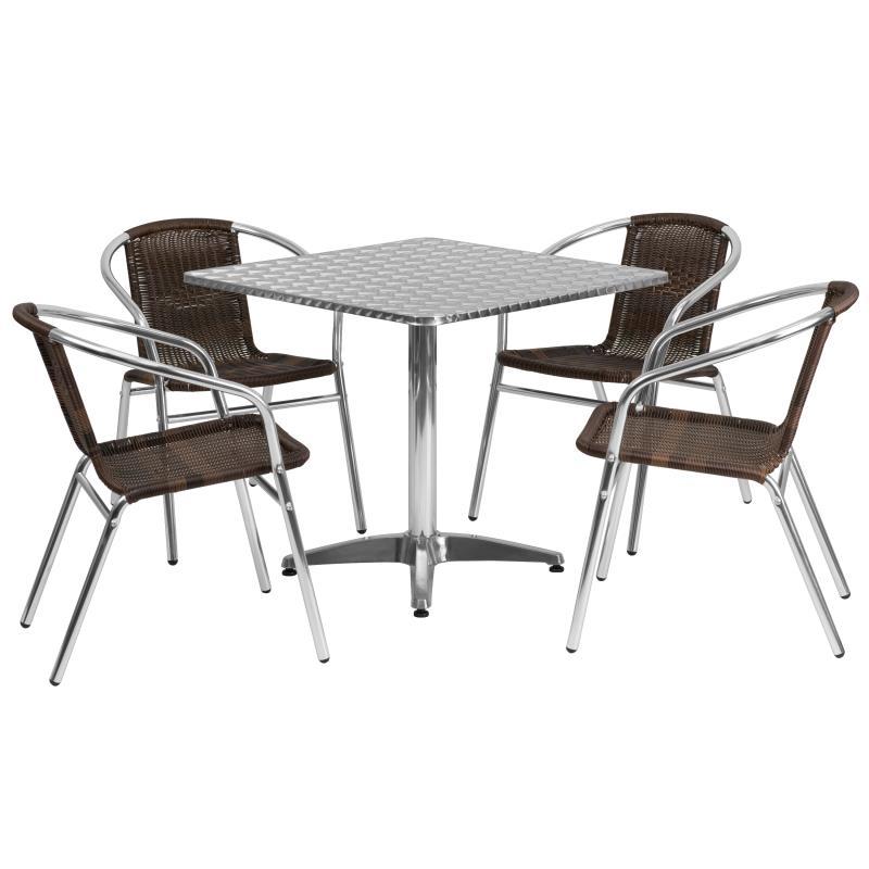 Flash Furniture - Aluminum Square Patio Table With 4 Chairs - Dark Brown / Pearl Silver