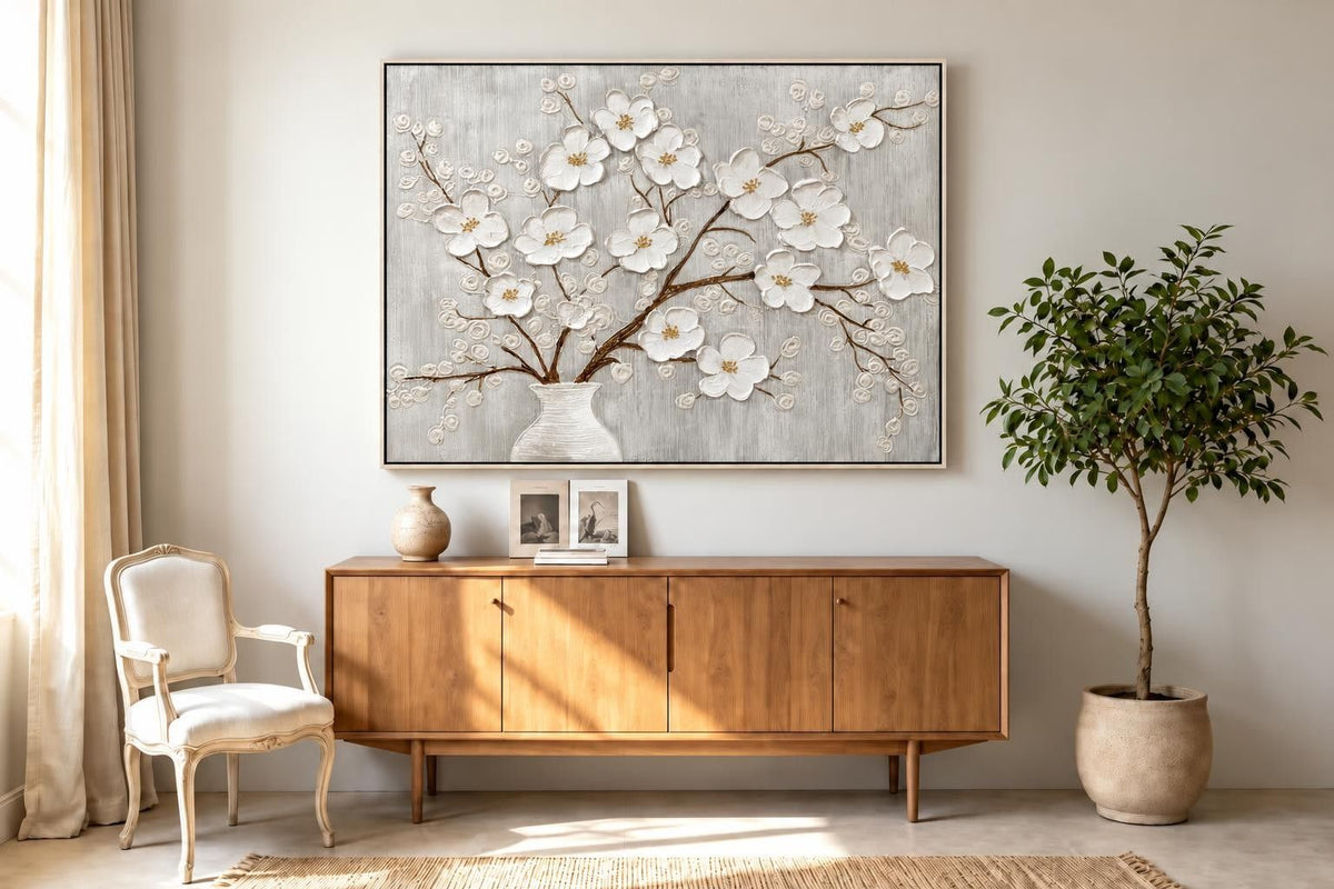 Porcelain Boughs - 48 X 36 - Hand-Painted Canvas In Frame - White