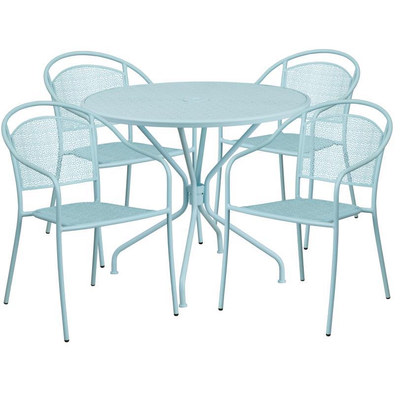 Flash Furniture - Round Steel Patio Table With 4 Chairs - Sky Blue