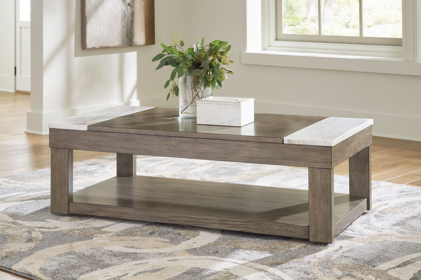 Loyaska - Lift Top Cocktail Table - Grayish Brown / White