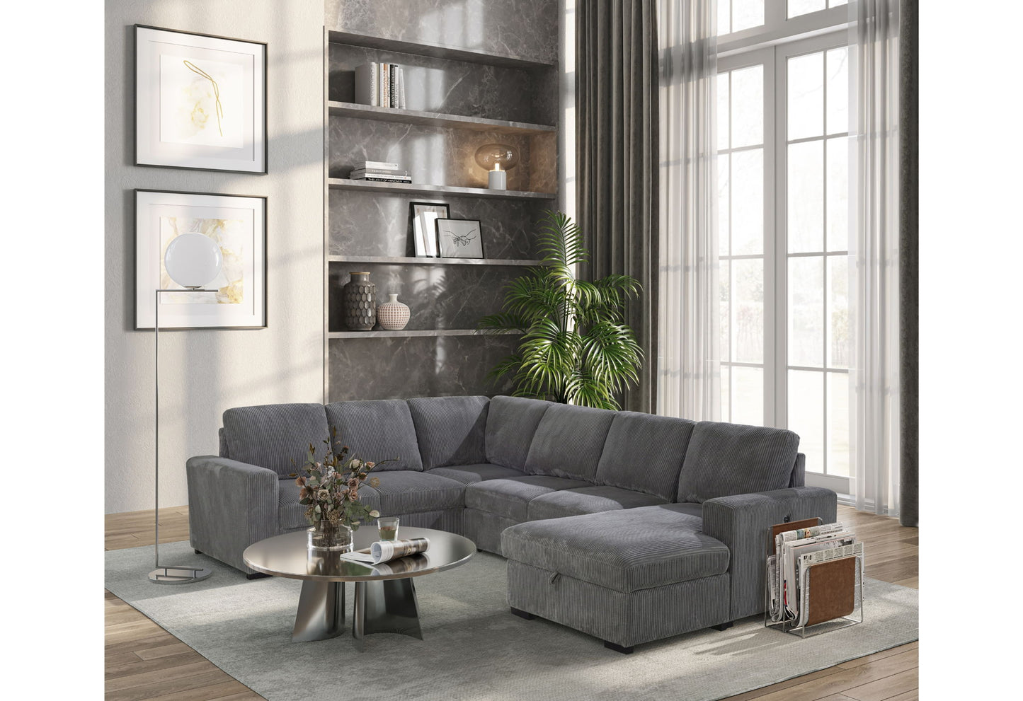 U2660 - Sectional With Pull Out Sofa Bed - Gray