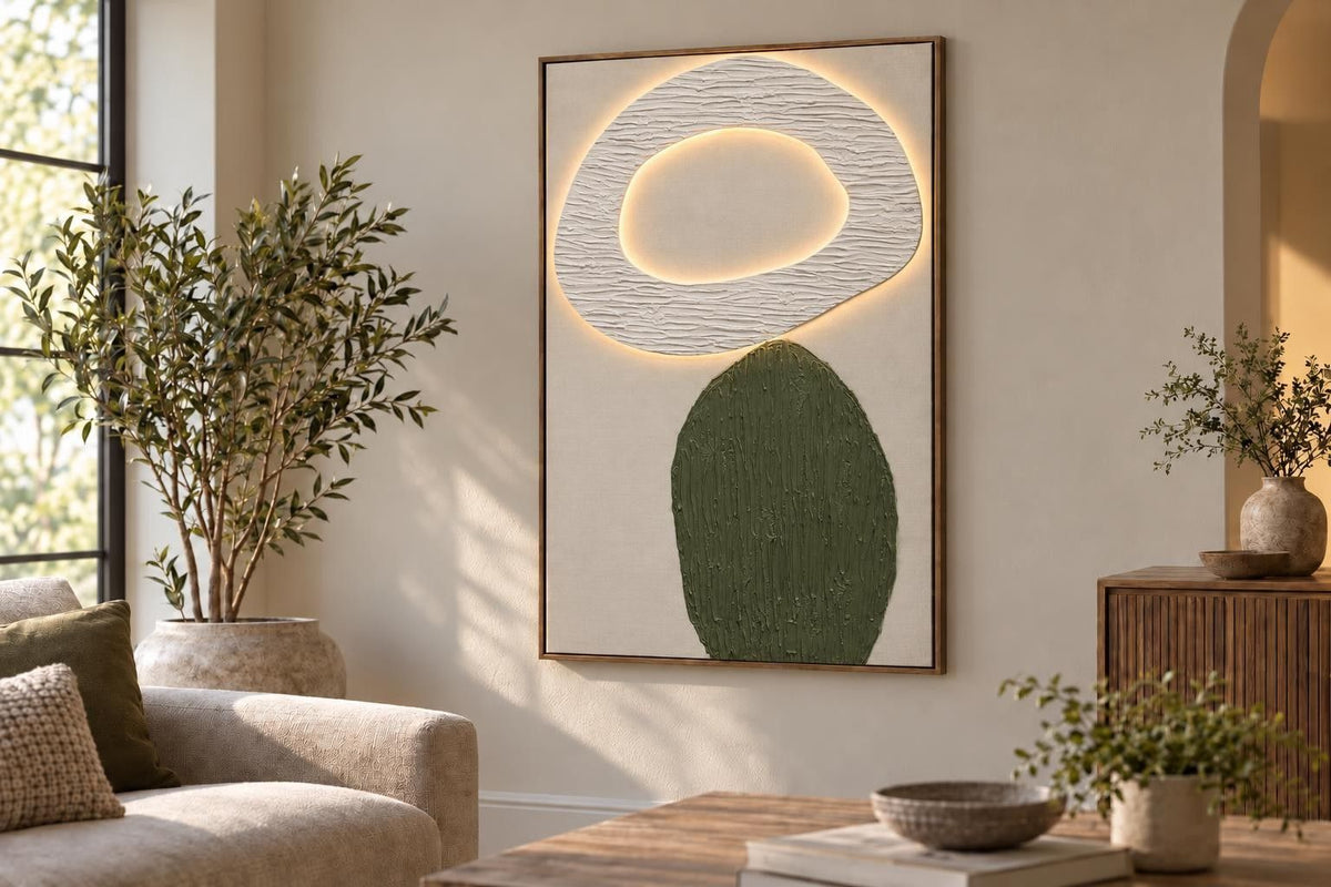 Mosslight Balance I - 32 X 47 - Hand-Painted Neon Canvas In Frame - Olive Green