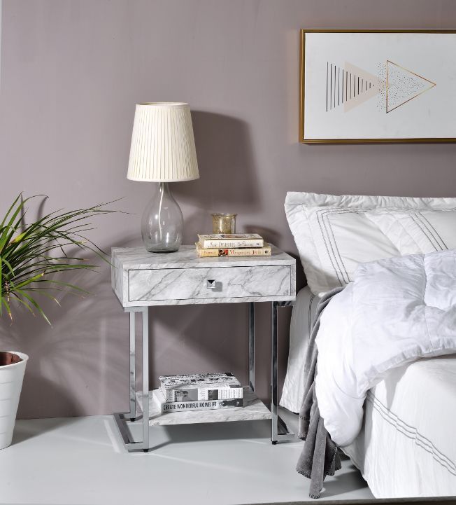 Wither - Accent Table - White Printed Faux Marble & Chrome