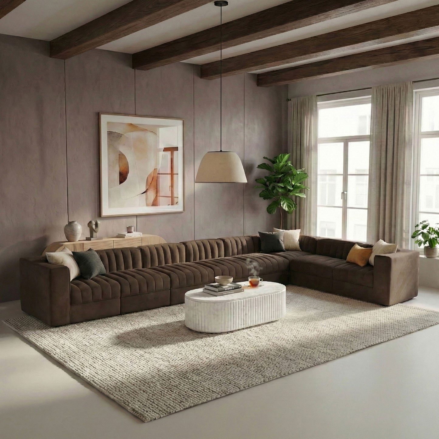Rummi - Velvet Performance Fabric Upholstered 8 Piece Modular Sectional (With 3 Corner Chairs)