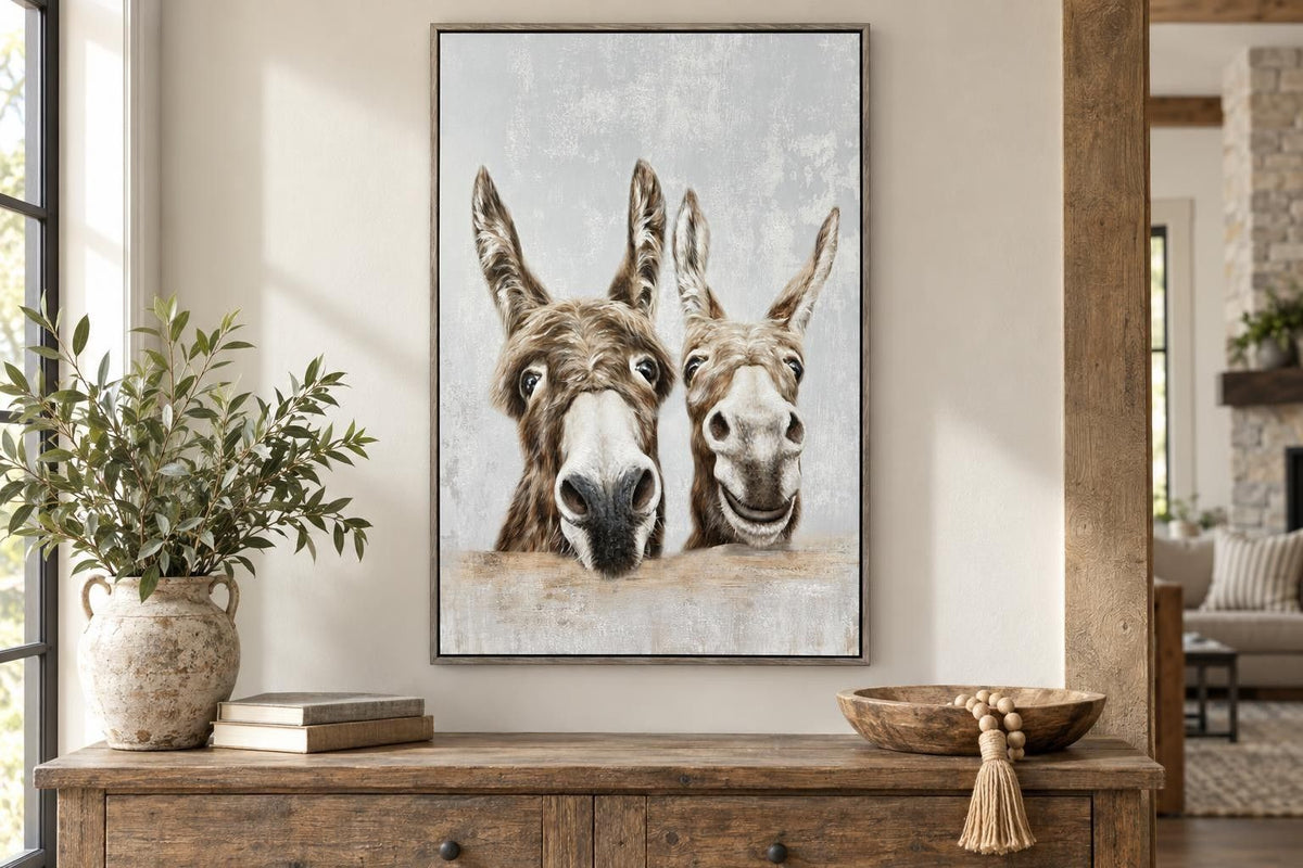 Barnyard Buddies - 30 X 44 - Hand-Embellished Canvas In Frame - Gray, Brown, Cream