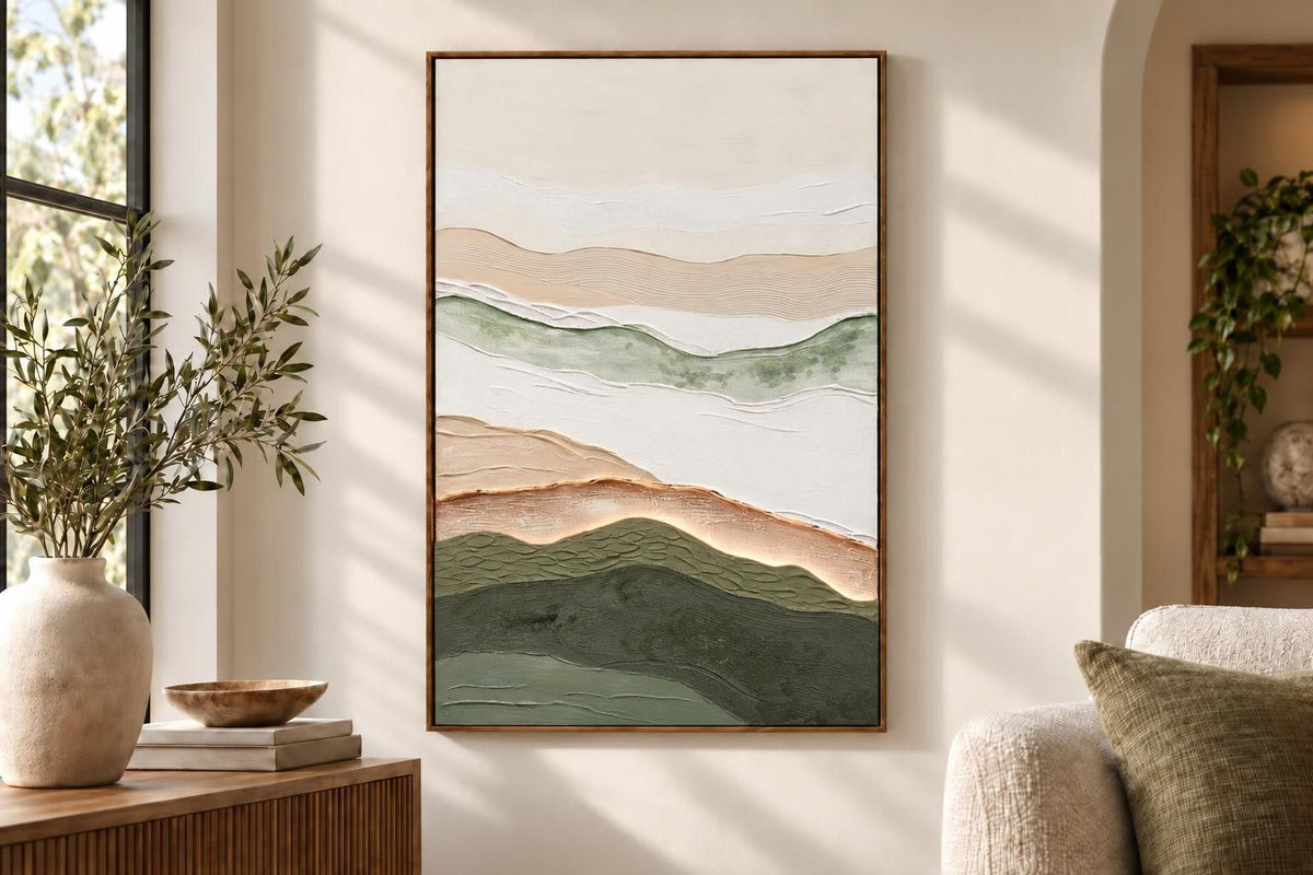 Sage Ridge Glow I - 32 X 47 - Hand-Painted Neon Canvas In Frame - Green, Cream