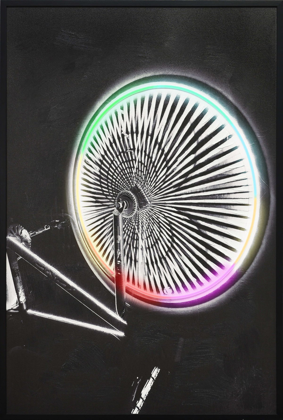 Chromatic Spokes - 32 X 48 - Hand-Embellished Color Changing Neon Canvas - Black