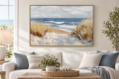 Beyond The Dune Grass - 47 X 32 - Hand-Embellished Canvas In Frame - Blue