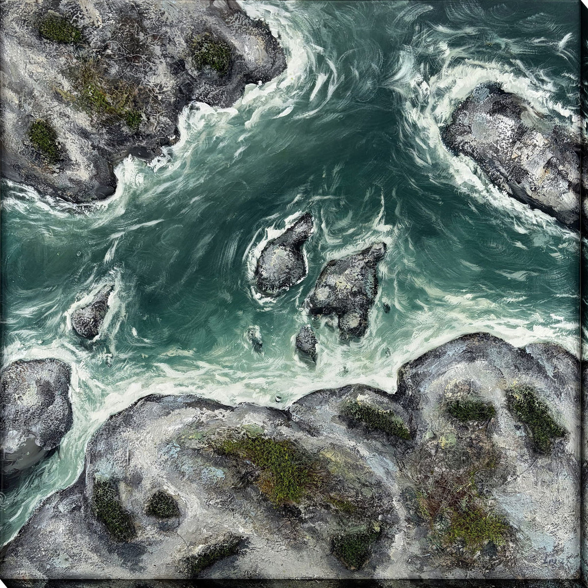 Tide Through Stone - 40 X 40 - Hand-Painted Wrapped Canvas With Faux Moss - Teal