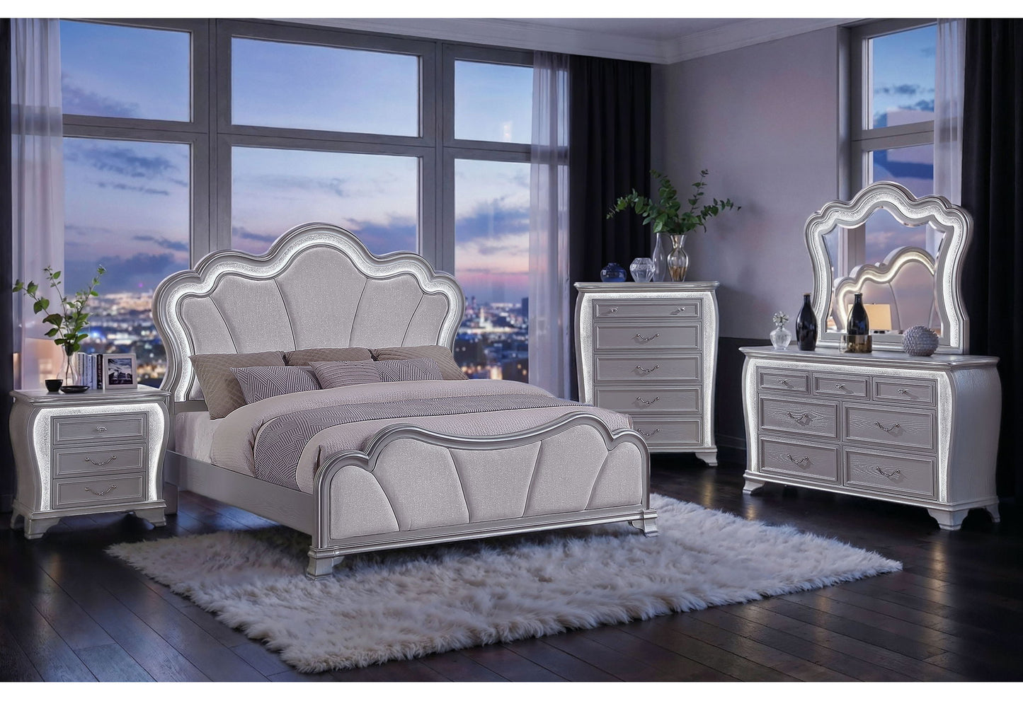 Aria - 5 Piece Queen Bedroom Set (Bed, Dresser & Mirror, Nightstand, Chest) - Silver