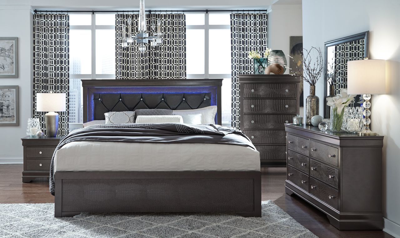 Pompei - 5 Piece King Bedroom Set With LED - Gray