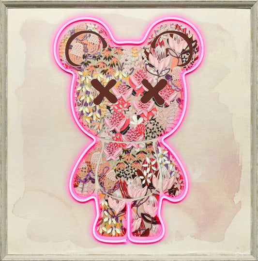 Floral Neon Bear - 33" x 33" Framed Wall Art - Pink