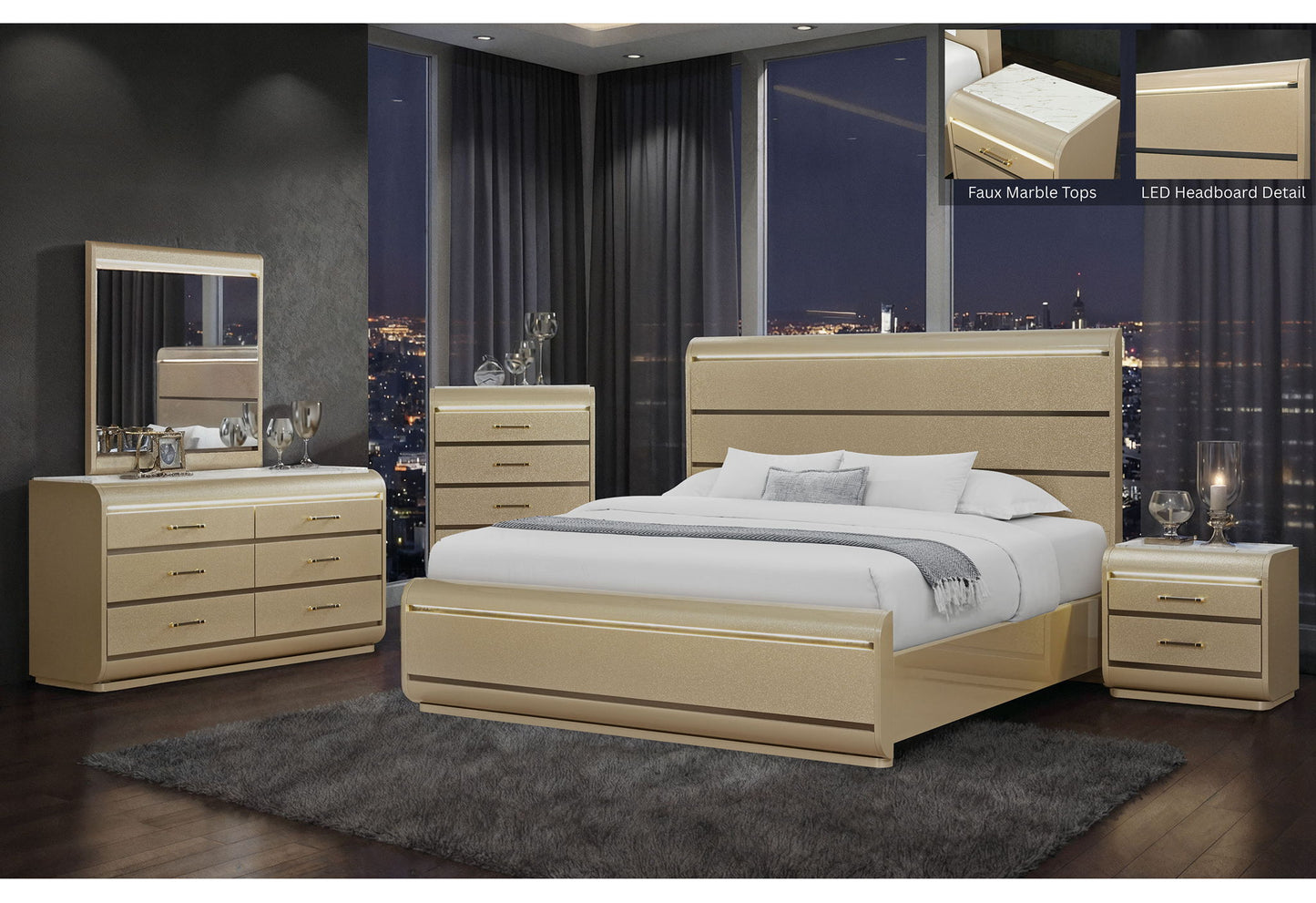 Genesis - 5 Piece King Bedroom Set (Bed, Dresser & Mirror, Nightstand, Chest) - Gold