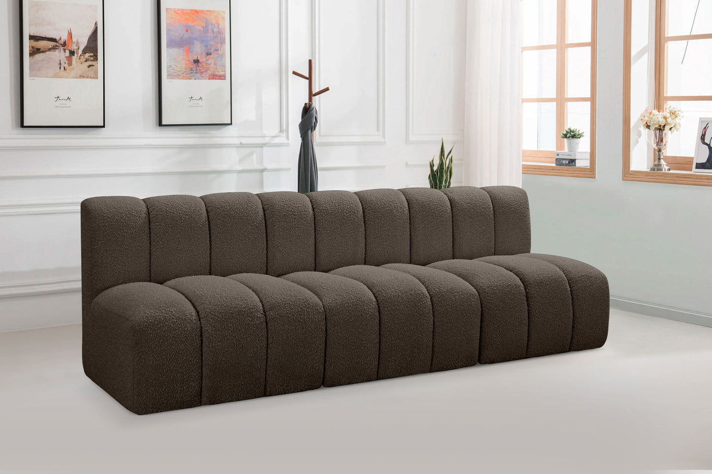 Arc - Boucle Fabric 3 Piece Modular Straight Sofa - Brown