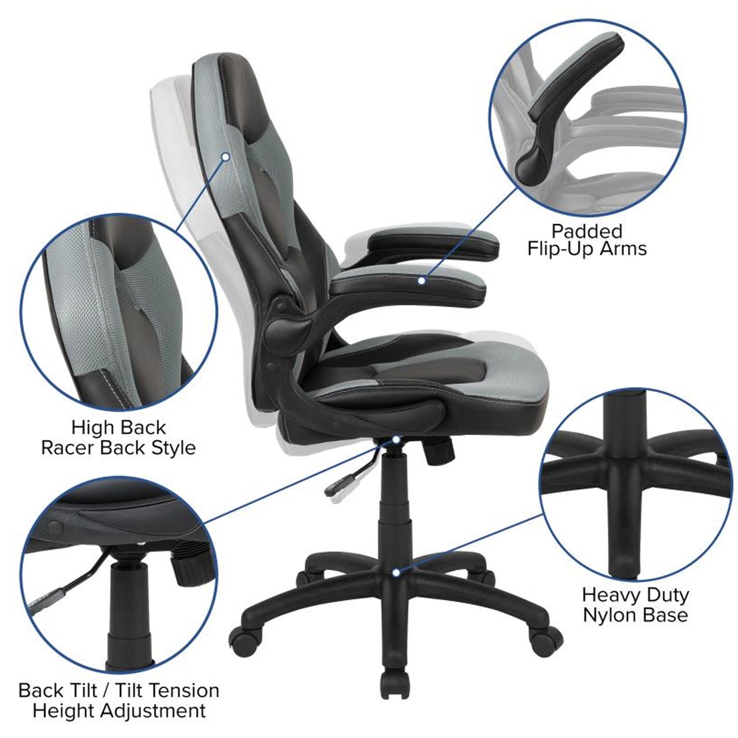 Flash Furniture - 2 Piece Ergonomic Racing Style Gaming - Gray / Black
