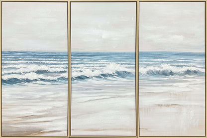 Shoreline Cadence - 59 X 39 - Hand-Embellished Canvas Triptych In Frame - Blue