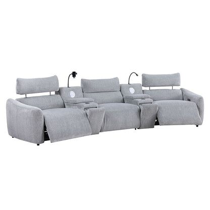 Fullar - Modular Console With Speaker & Cup Holder - Light Gary Chenille