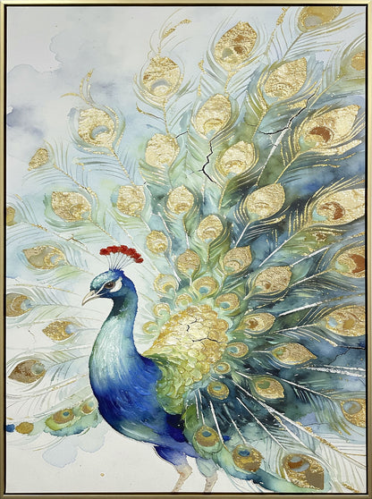 Peacock Promenade - 30 X 39 - Hand-Embellished Canvas In Frame - Blue