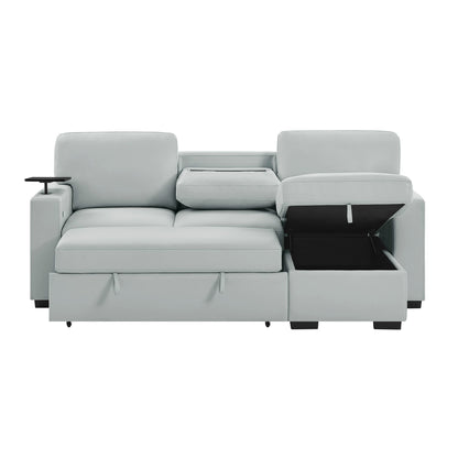 U0212 - Pull Out Sofa Bed With 1 Table Tray, 1 USB, And Storage Chaise - Silver