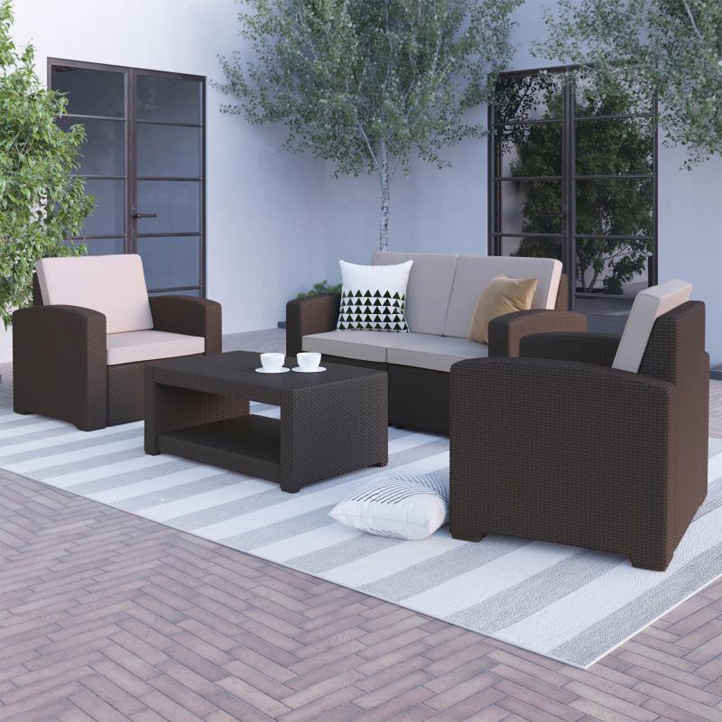 Flash Furniture - 4 Piece Outdoor Rattan Set - Brown / Beige