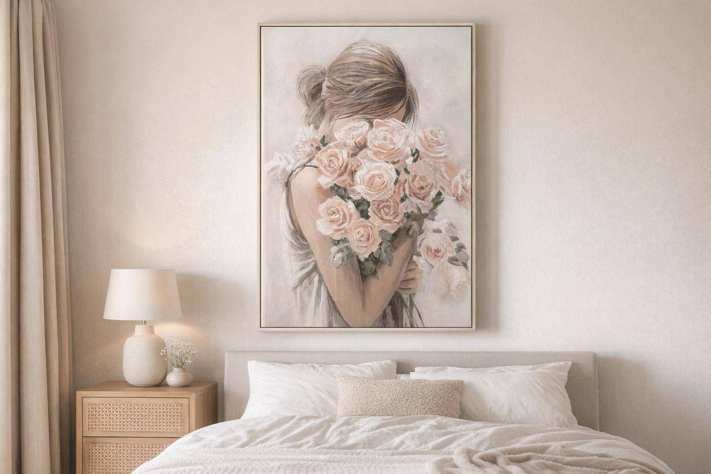 Roses Embrace Hand-Embellished Canvas In Frame - Blush / Ivory