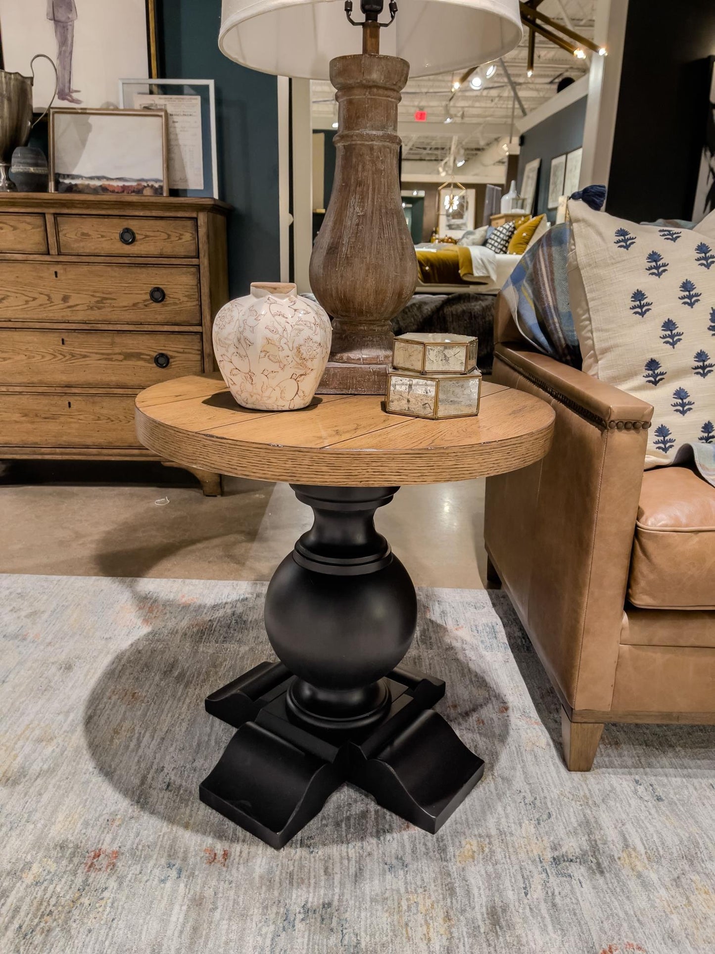 Vintage Market - Urn Base End Table - Barnwood Oak And Kettle Black