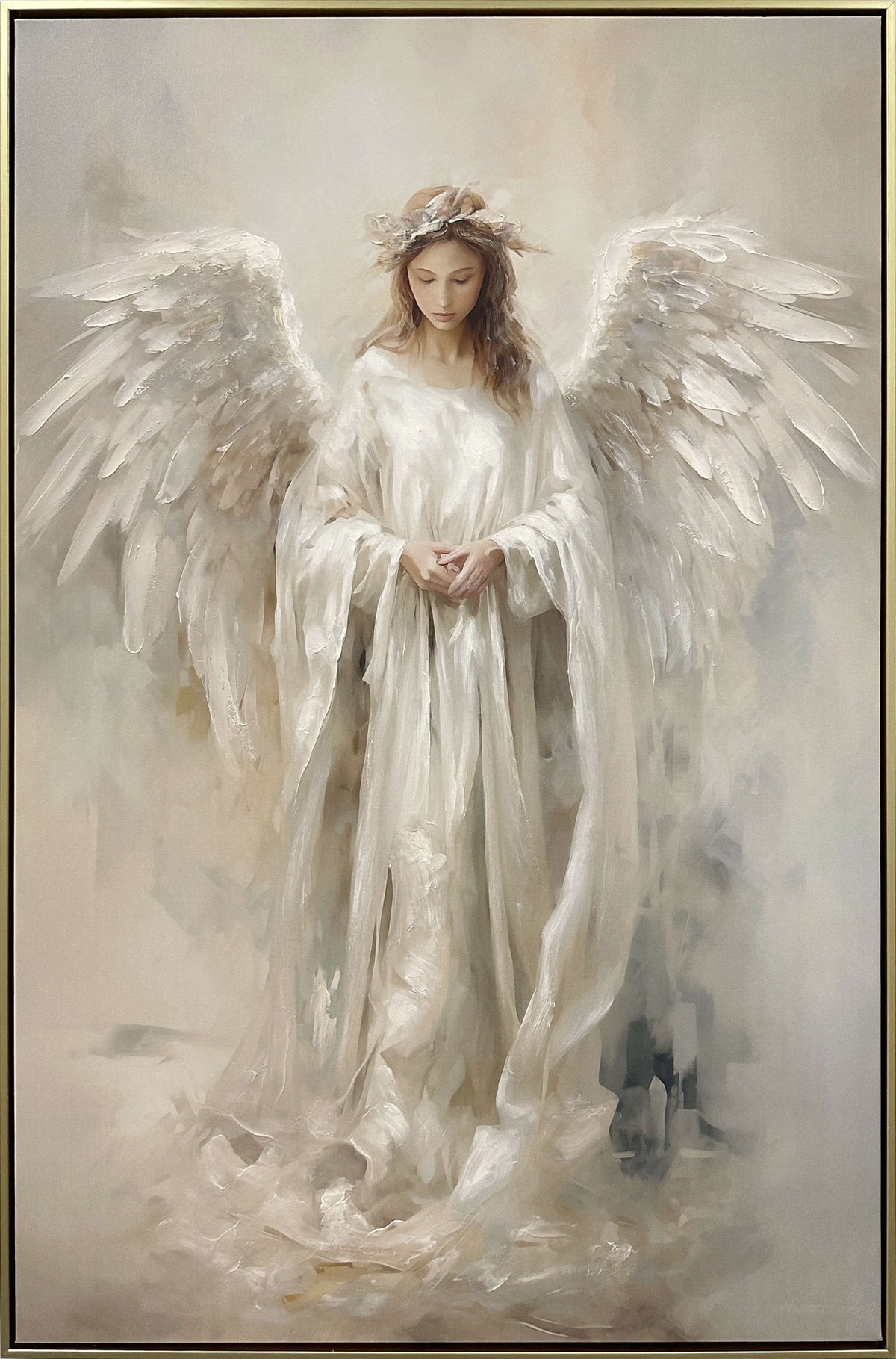 Angel Of Quiet Light - 30 X 44 - Hand-Embellished Canvas In Frame - Ivory, Beige, Gray