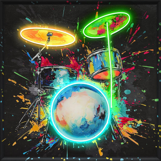 Neon Spectrum Drums - 37" x 37" Framed Wall Art - Black
