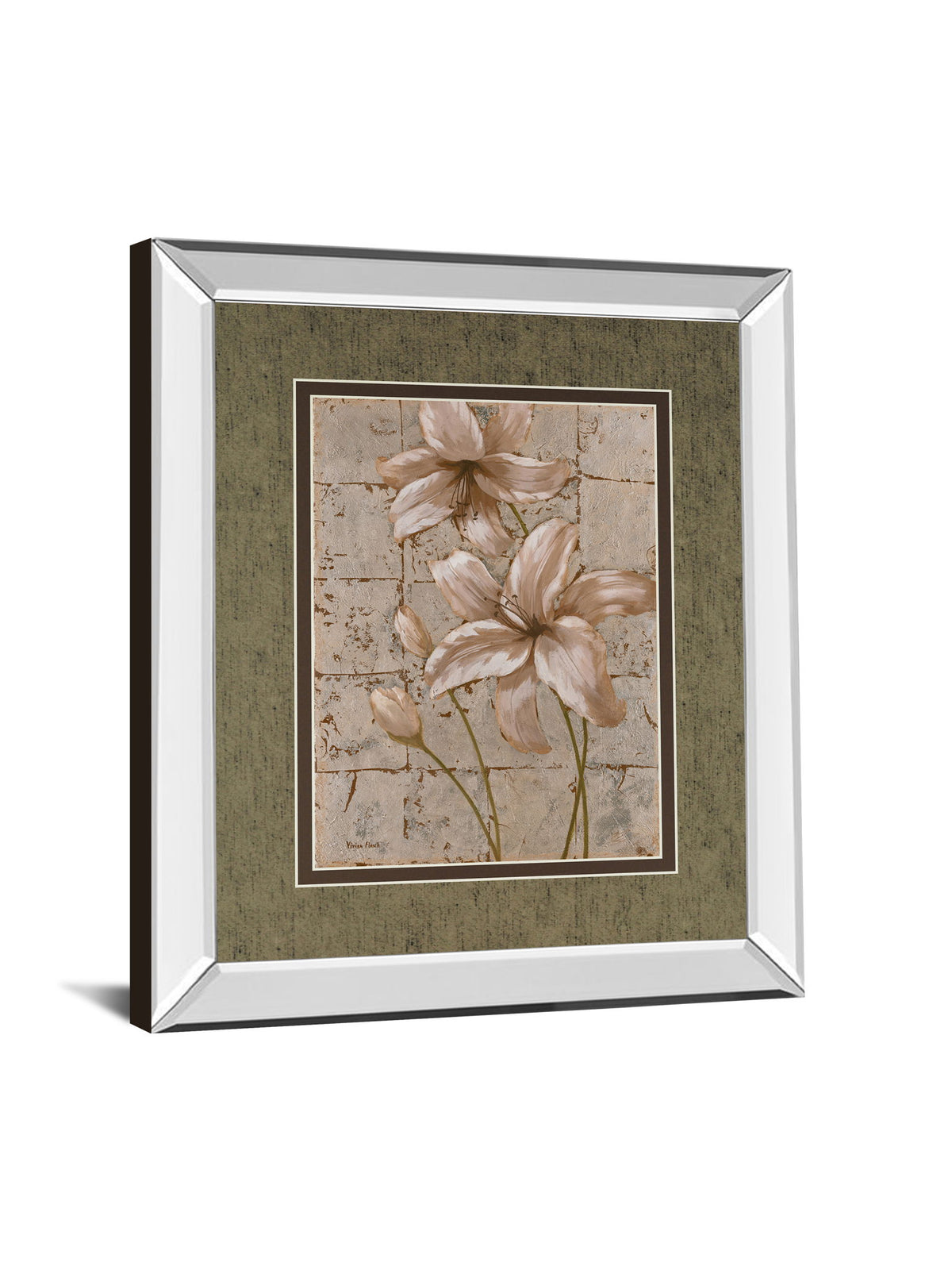 Lilies On Silver Il By Vivian Flasch - Mirror Framed Print Wall Art - Light Brown