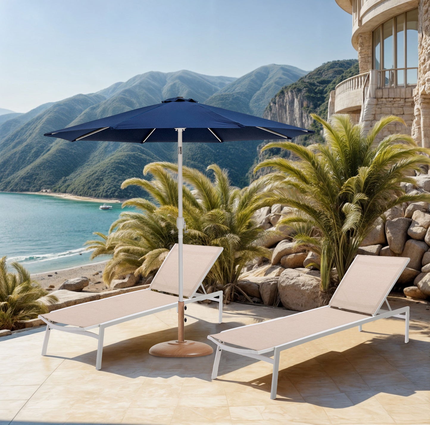 Fiji - Aluminum Patio Umbrella With Round Teak And White Base
