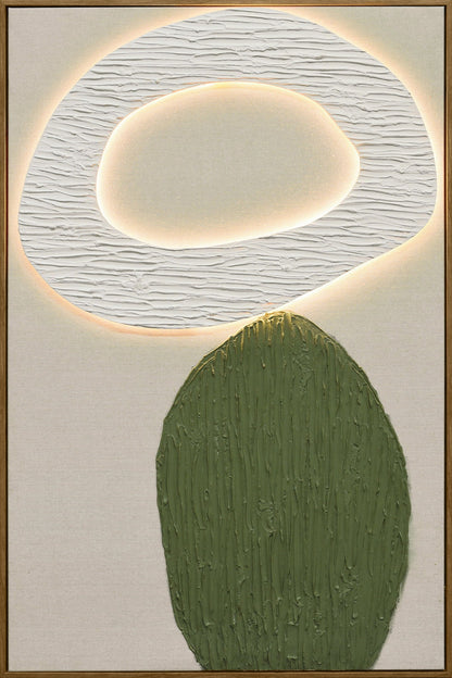 Mosslight Balance I - 32 X 47 - Hand-Painted Neon Canvas In Frame - Olive Green