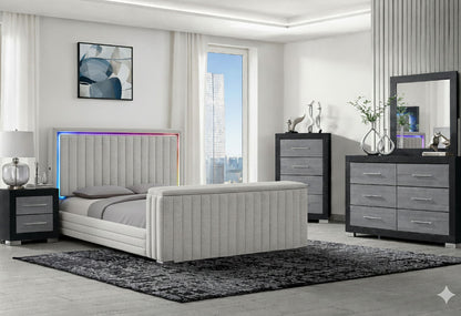 Elias - 5 Piece King Bedroom Set TV Footboard - Light Gray / Natural / White