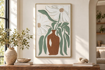 Clay Vessel Blooms II - 24 X 35 - Hand-Painted Canvas In Frame - Textured, White, Sage Green, Terracotta Brown, Beige, Champagne Frame