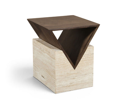 Opus - Travertine And Mango Wood End Table - Brown / Beige