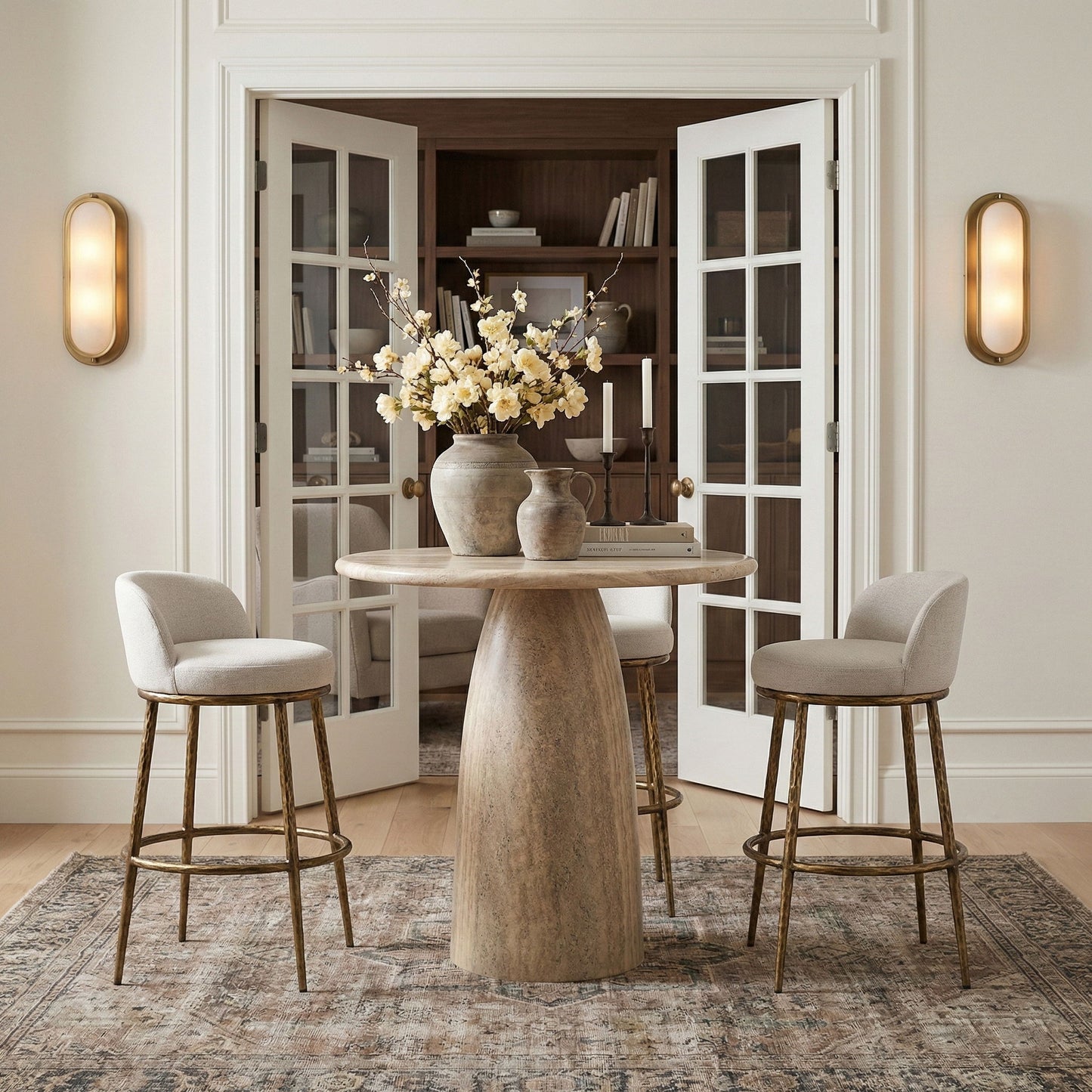 Ferro - Performance Fabric Upholstered Bar Stool - Cream / Antique Brass