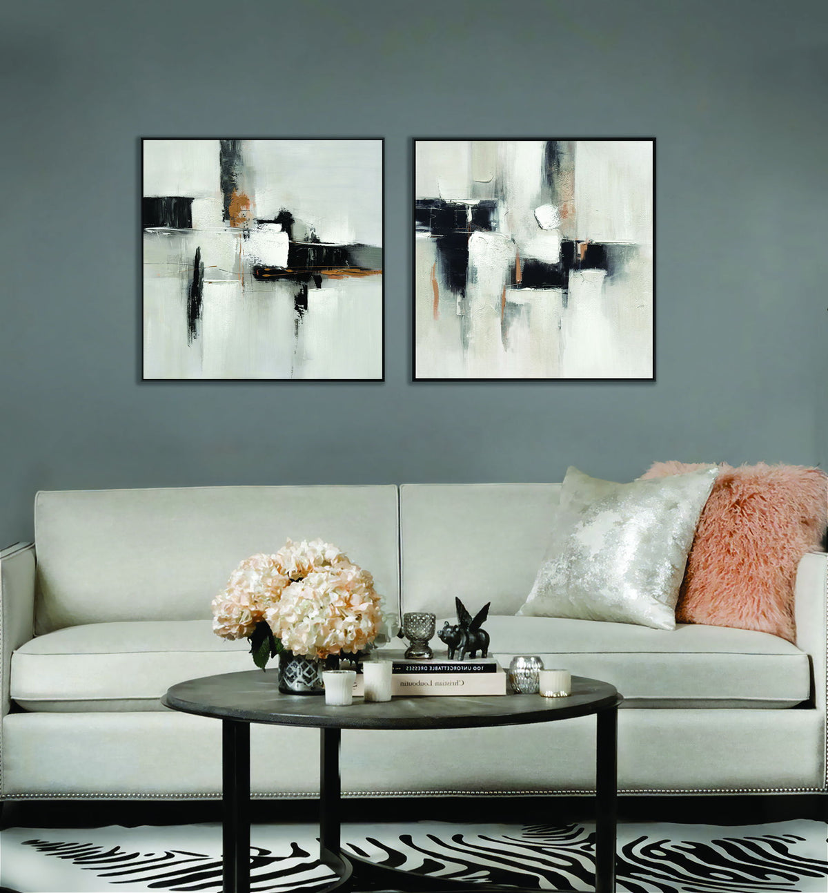 "Urban Elegance II" Hand-Embellished Canvas In Frame - White / Black / Tan