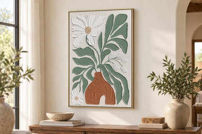 Clay Vessel Blooms I - 24 X 35 - Hand-Painted Canvas In Frame - Textured, White, Sage Green, Terracotta Brown, Beige, Champagne Frame