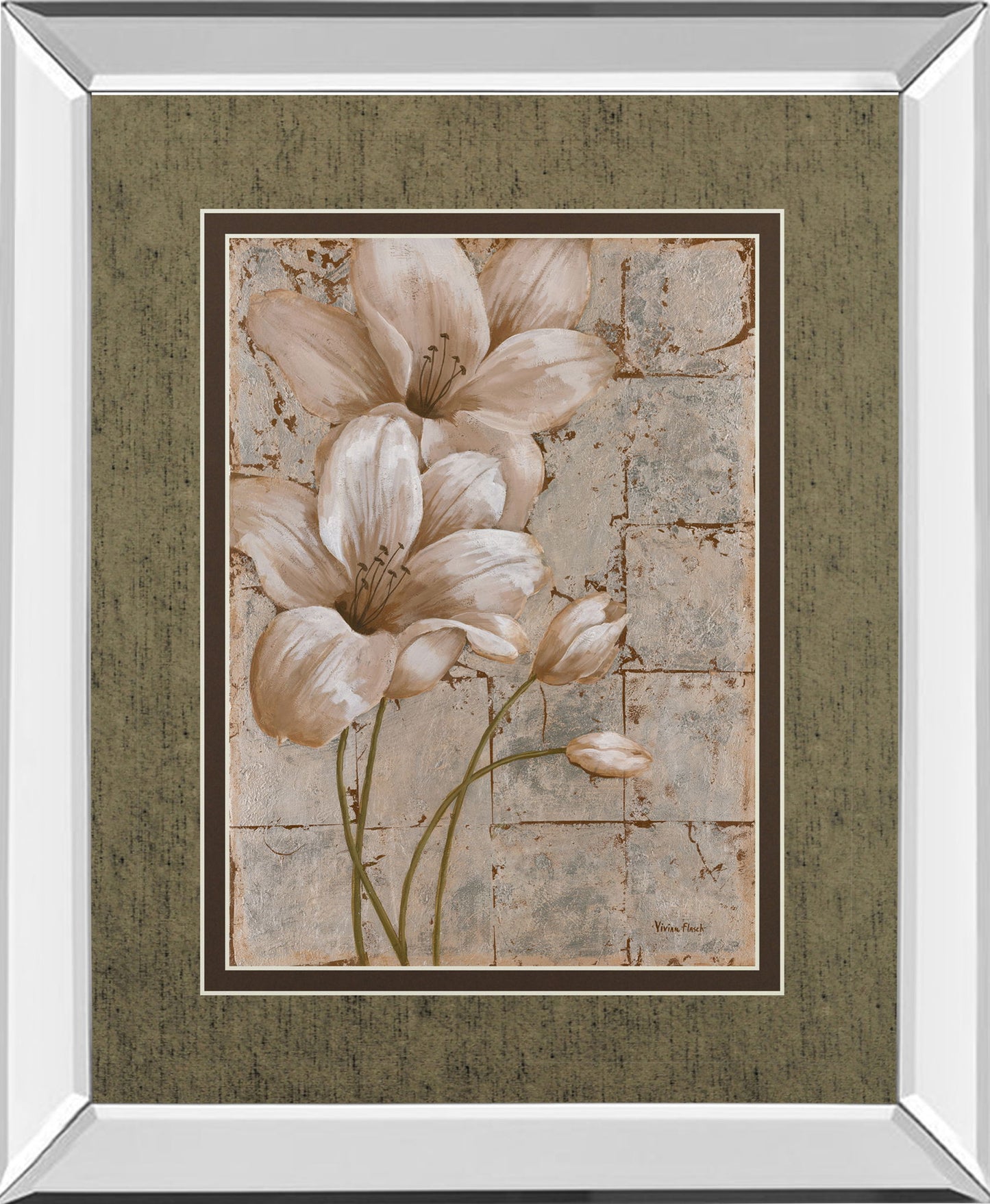 Lilies On Silver I By Vivian Flasch - Mirror Framed Print Wall Art - Light Brown