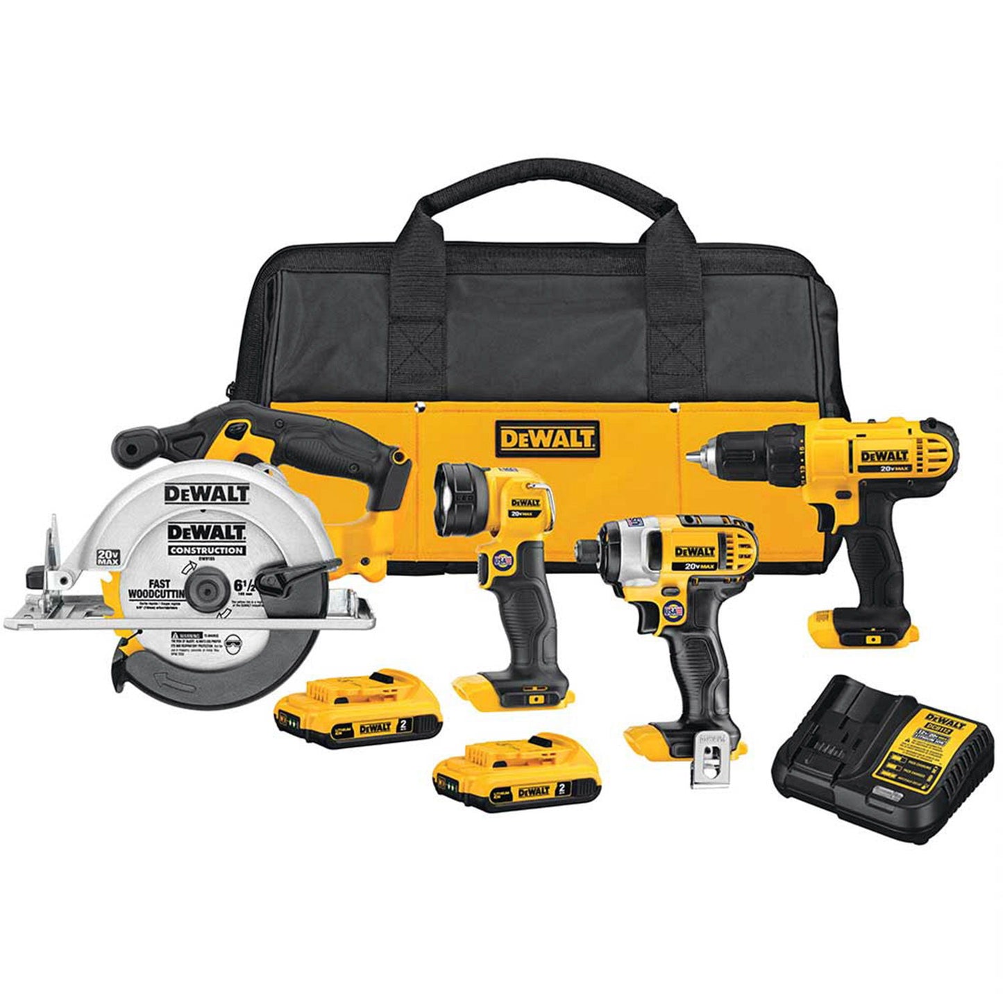 Dewalt - 20Volt 4-Tool Brushless Tool Kit With 2 Batteries/Charger & Bag - Yellow / Black