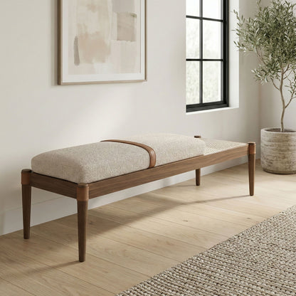 Nara - Linen Textured Fabric Upholstered Bench - Painted Brown Walnut