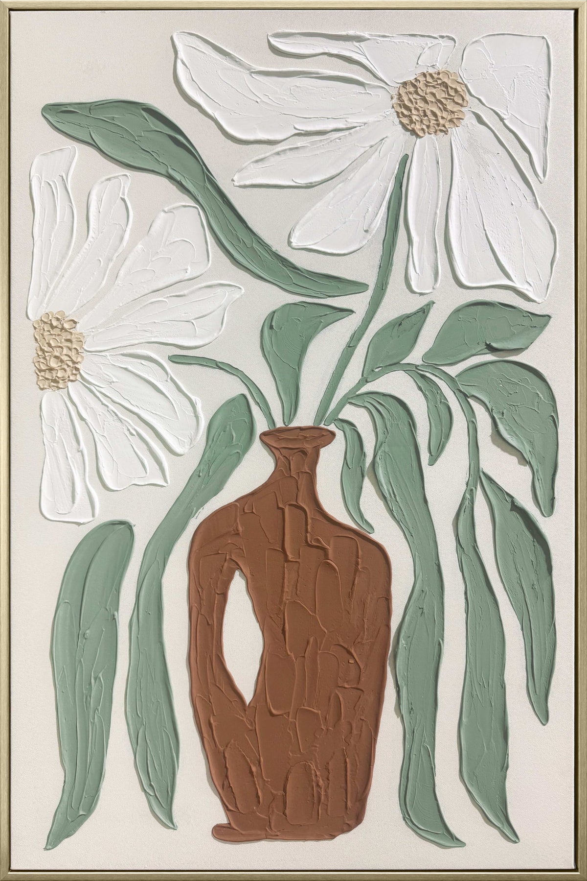 Clay Vessel Blooms II - 24 X 35 - Hand-Painted Canvas In Frame - Textured, White, Sage Green, Terracotta Brown, Beige, Champagne Frame