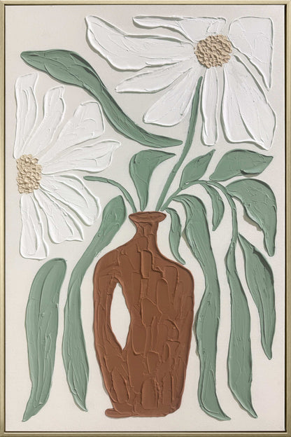 Clay Vessel Blooms II - 24 X 35 - Hand-Painted Canvas In Frame - Textured, White, Sage Green, Terracotta Brown, Beige, Champagne Frame