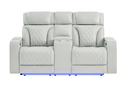 U8611 - Power Console Reclining Loveseat With Power Headrest, LED And Speaker - Silver