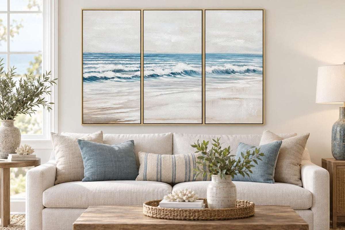 Shoreline Cadence - 59 X 39 - Hand-Embellished Canvas Triptych In Frame - Blue