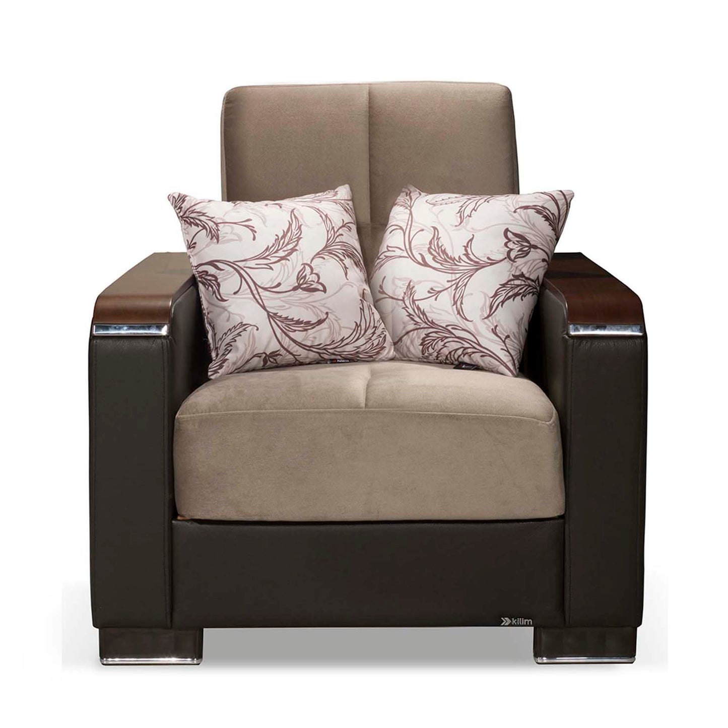 Ottomanson Armada X - Upholstered Convertible Wood Trimmed Armchair With Storage - Beige/Brown PU Chenille