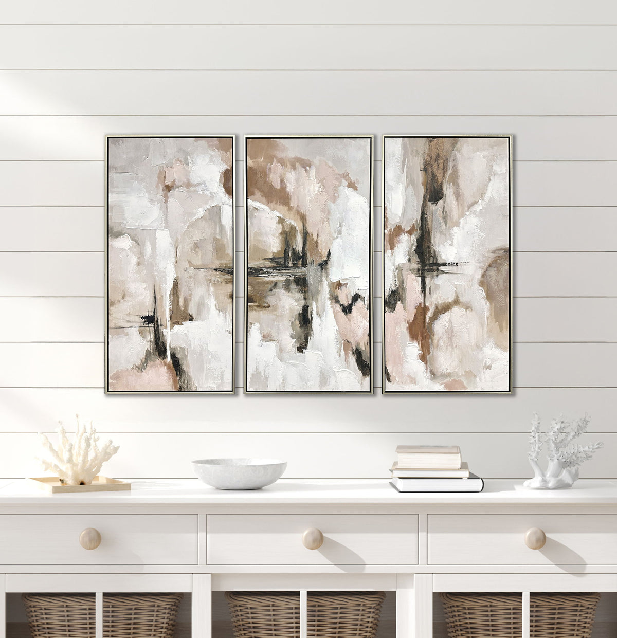"Ethereal Reflections" Hand-Embellished Canvas Triptych In Frame - Neutral